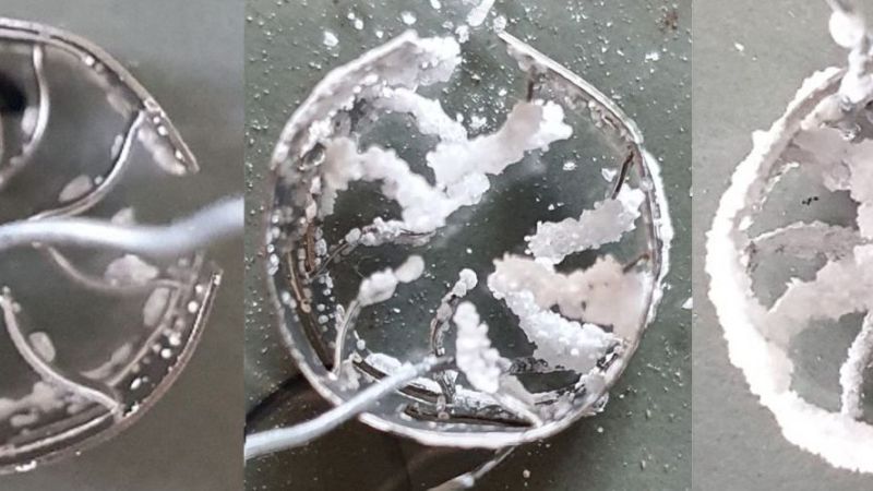 Diese Zeitreihe zeigt, wie sich unerwünschter Belag auf einer stoffübertragenden Fläche, einem so genannten Kolonnenfüllkörper, bildet. Den Prozess nennt man Fouling.