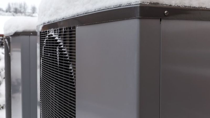 Zwei moderne Wärmepumpen für Wohngebäude unter Schnee begraben