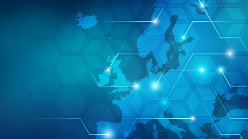 Landkarte von Europa mit übergelagerter grafischer Struktur in Form von verbundenen Sechsecken