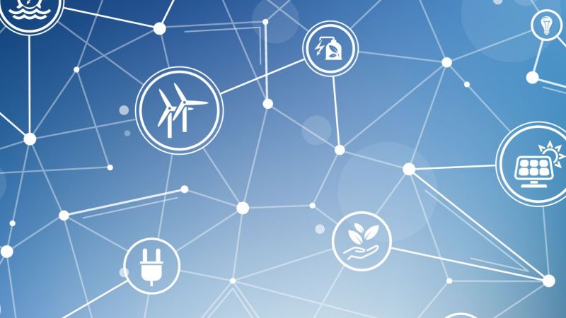 Miteinander durch Linien verbundene Symbolbilder für Biogas, Windräder, Solarmodul, Stromkabelstecker, Glühbirne