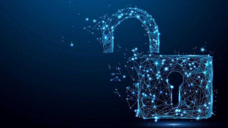 Durch Knotenpunkte verbundene feine Linien symbolisieren ein Türschloss aus Daten