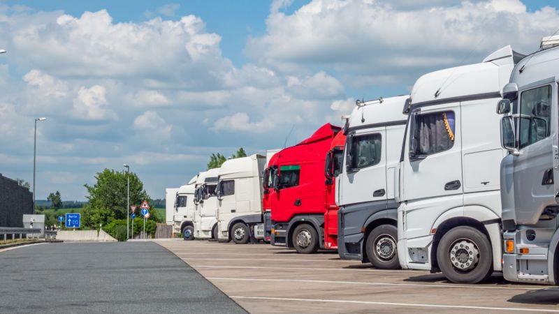 Lkws parken an einer Autobahn-Raststätte in einer Reihe.