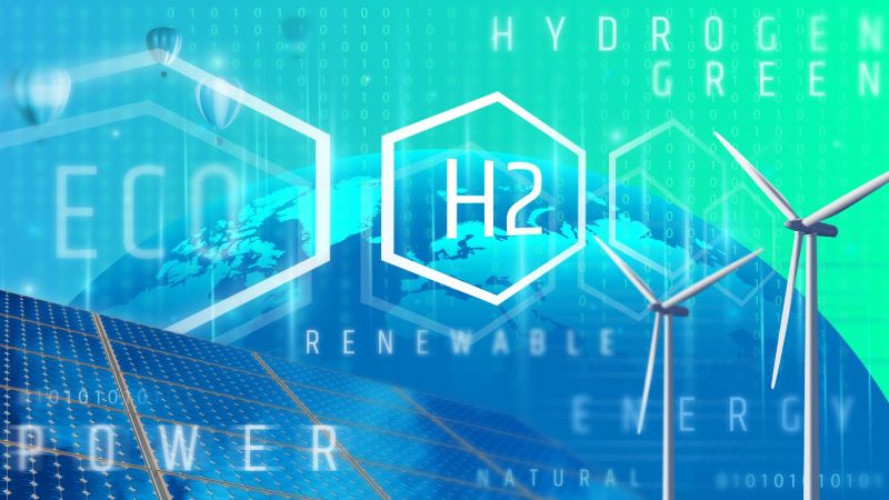 Grafik mit den Schriftzügen H2, Renewable, Eco sowie Green. Im Hintergrund befinden sich eine Weltkugel, Windräder und Solarmodule.