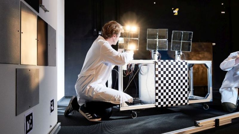 The image shows two scientists from Fraunhofer ISE performing laboratory tests.