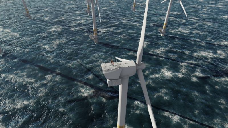 Offshore-Windenergieanlagen umgeben von Wellen