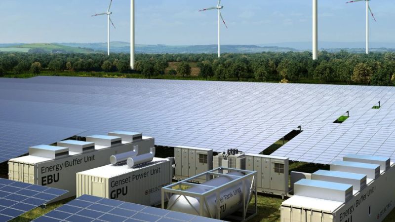 PV hyrid power plant combines photovoltaics with wind power and diesel generation.