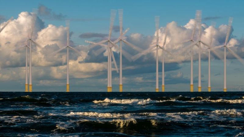 Offshore wind farm in rough seas.