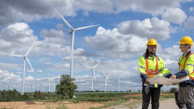 Symbolfoto: Windenergiepark mit zwei Ingenieuren