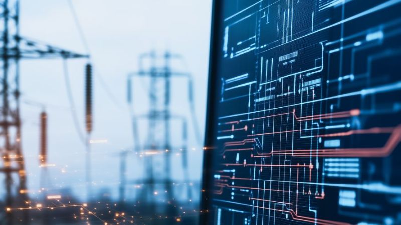 KI-generiertes Bild, das einen Strommast und einen Computerbildschirm mit Stromdaten zeigt.