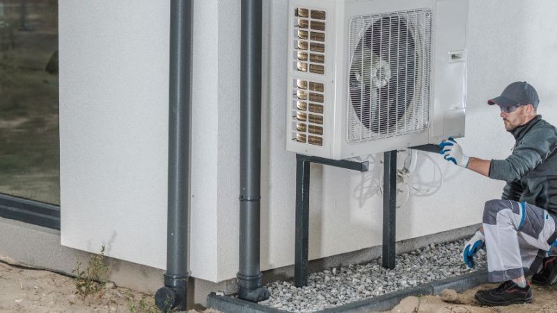 Ein Handwerker arbeitet an einer Wärmepumpe.