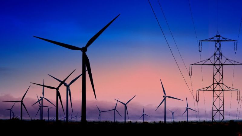 Wind turbines and electricity pylons