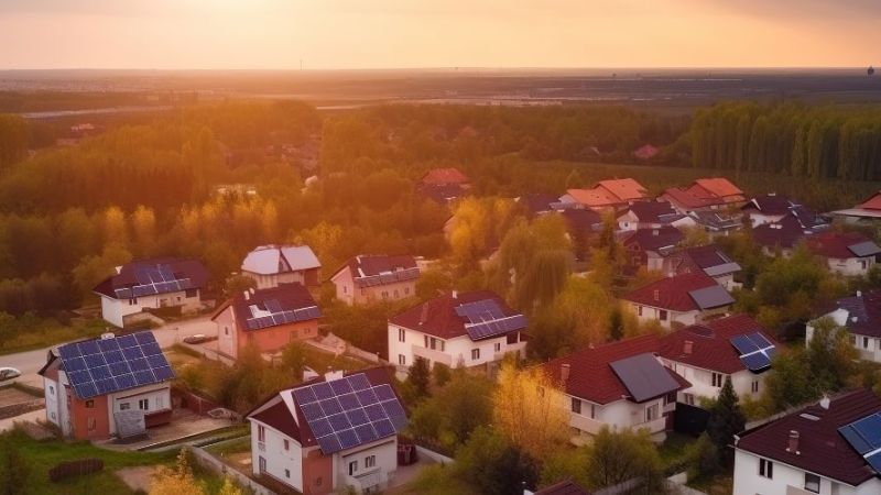 Einfamilienhaussiedlung mit PV-Anlagen auf den Dächern (Symbolbild)