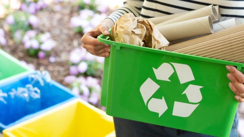 Frau hält Kiste mit Altpapier.