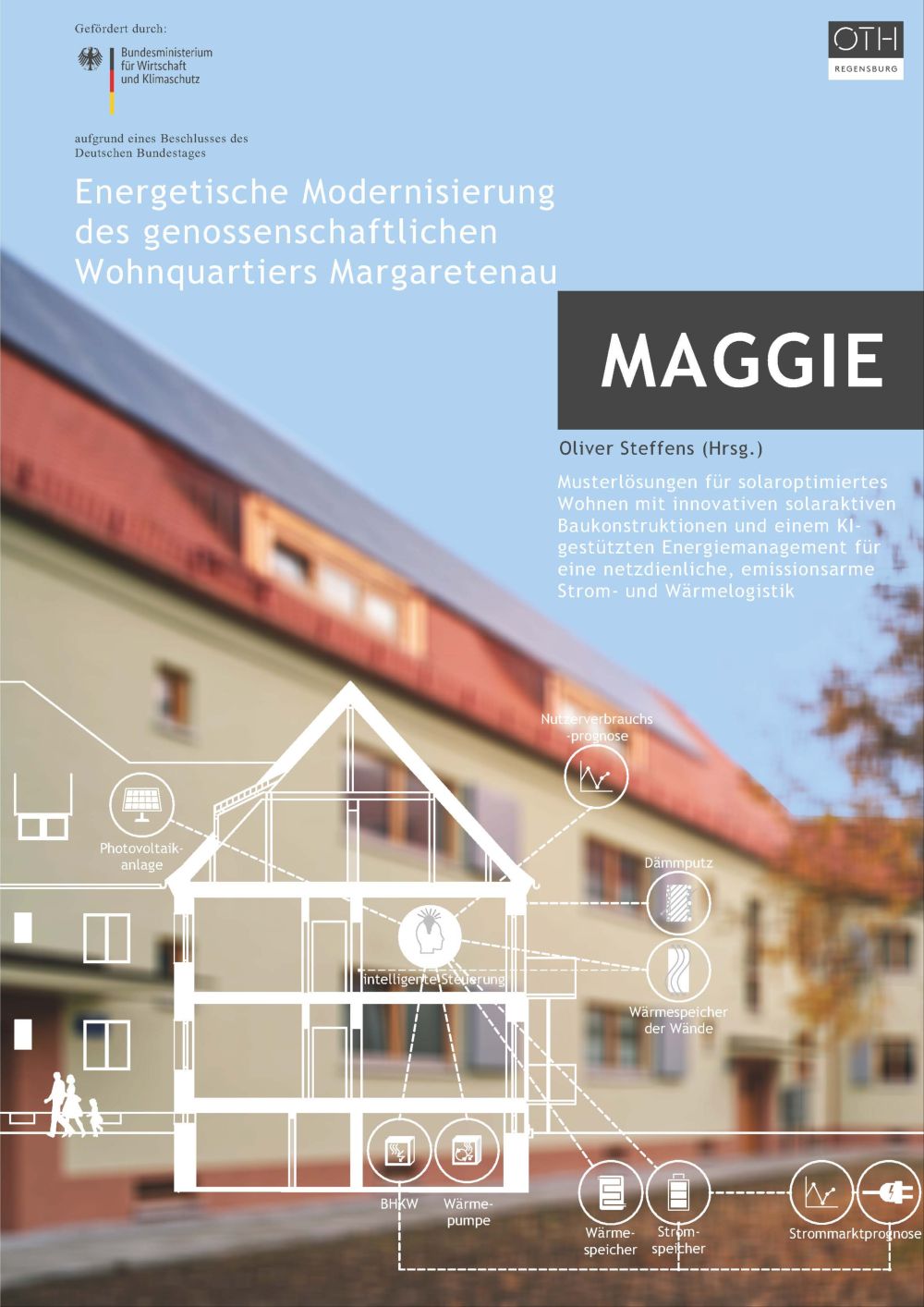 In Hintergrund ist ein Gebäude in der Margarethenau zu sehen. Davor ist in Weiß? eine Zeichnung des Gebäudes mit den verschiedenen Modernisierungen zu sehen.