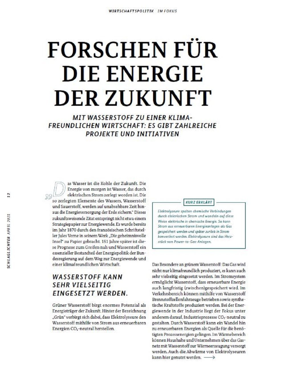 Artikel zu Wasserstoffforschung in Schlaglichter der Wirtschaftspolitik