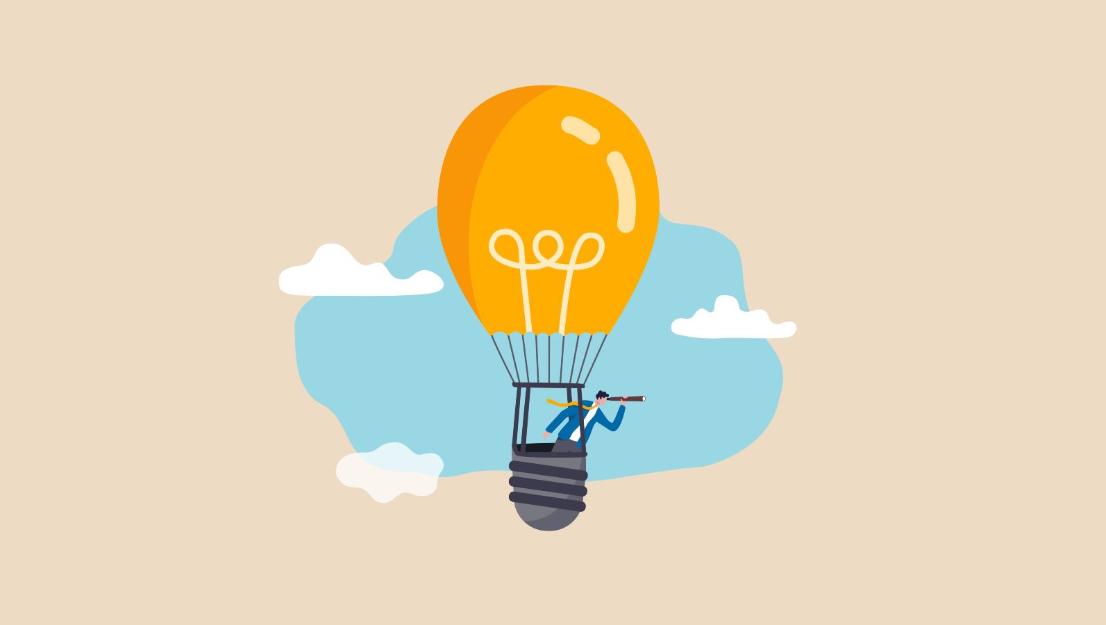 Illustration Mann mit Fernrohr in einem Heißluftballon