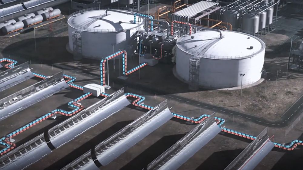 Ein CSP-Kraftwerk mit Parabolrinnenkollektoren und dessen Zwei-Tank-Speicher-System:  In einem integrierten CSP/PV-Kraftwerk wird der überschüssige PV-Strom genutzt, um die Salzschmelze im Tank durch einen Elektroheizer aufzuheizen.