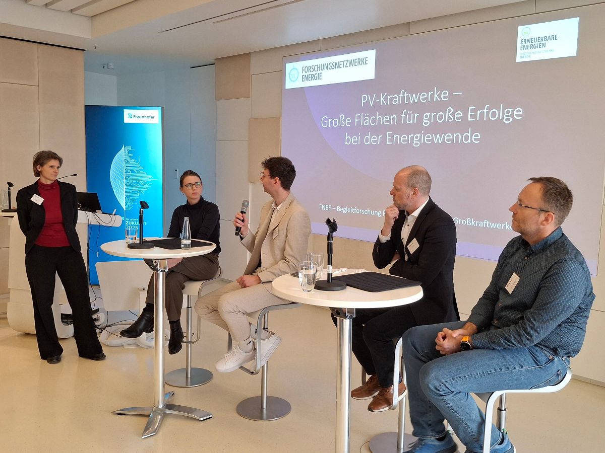 Beim Industrieworkshop im März diskutierten Teilnehmende aus Industrie, Forschung und Politik zum Thema PV-Kraftwerke. (v.l.n.r.: Anna Heimsath (Fraunhofer ISE; Sprecherin der AG), Mira Wenzel (Agora Energiewende), Alexander Zähnle (EnBW), Stefan Besser (BMWE), Prof. Ralph Gottschalg (Fraunhofer CSP))
