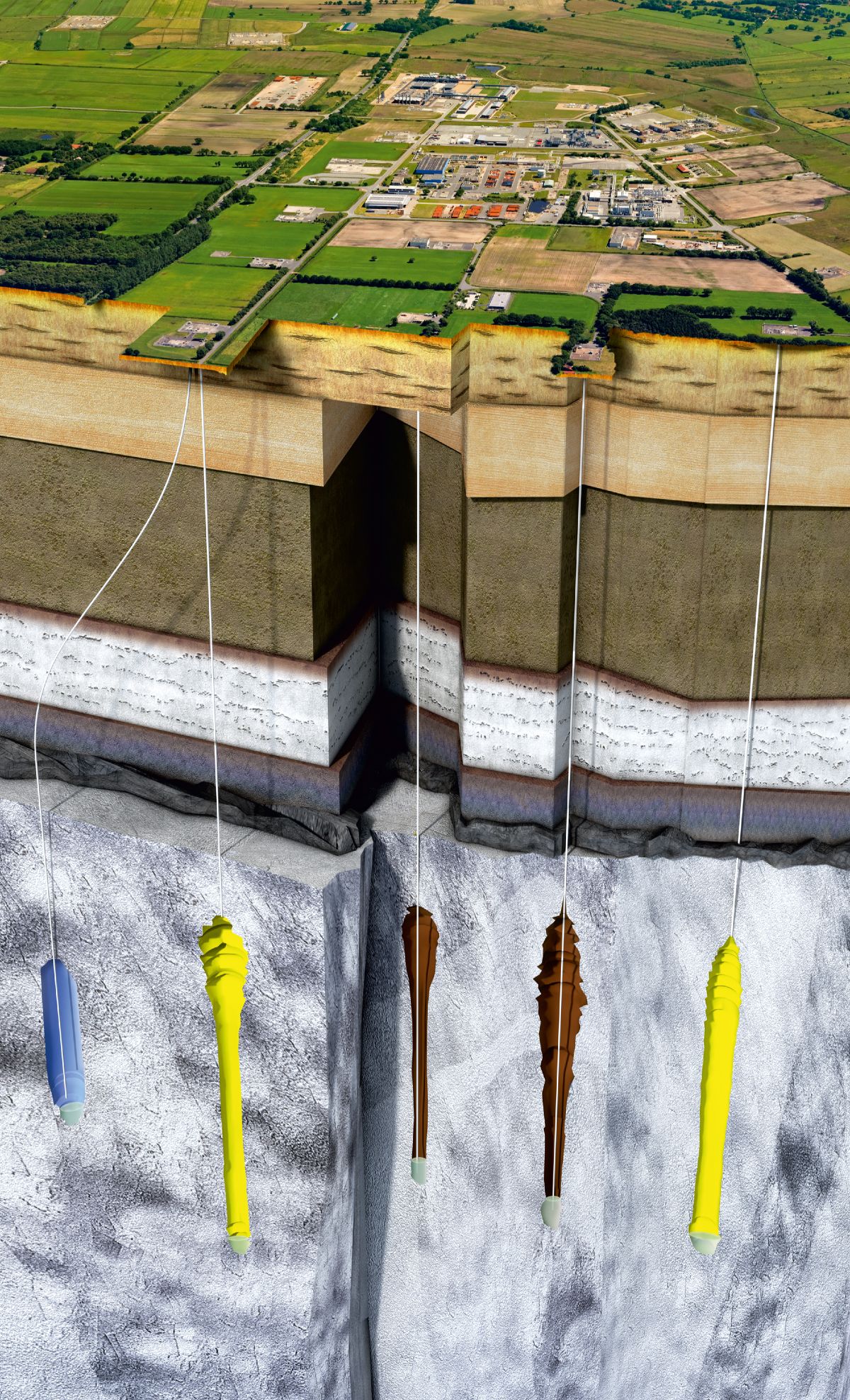 Die Grafik zeigt einen Querschnitt durch die oberen Schichten des Untergrund in Etzel, dargestellt sind 5 zylindrisch geformte Salzkavernen.