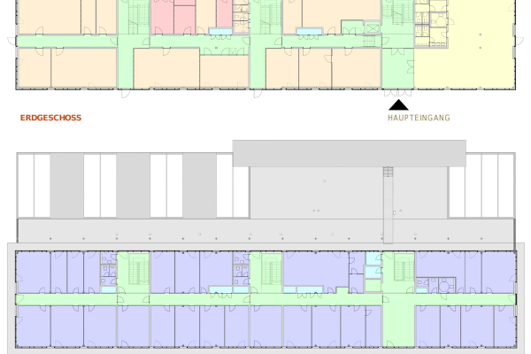 Floor plans for the ground floor and the upper floor with area division according to functions