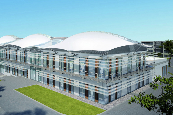 Visualisierung des geplanten Forschungsgebäude „Energy Efficiency Center“ in Südost-Ansicht mit Blick auf den Haupteingangsbereich.