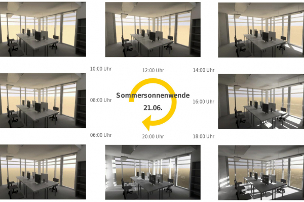 Lichtsimulation der menschlichen Wahrnehmung in einem Eckbüro zur Sommersonnenwende am 21.6.