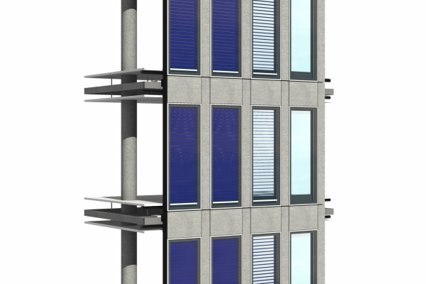 Visualisierung einer solarthermischen Jalousie. Es gibt verschiedenen Formen der Fassadenintegration, von denen eine Variante hier gezeigt wird.