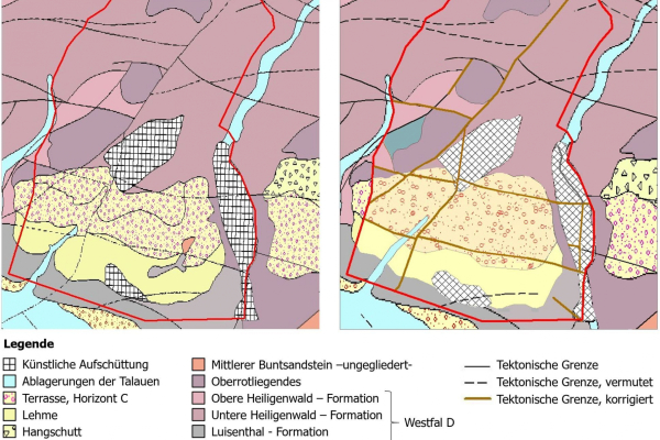 Oberflächengeologie im Testgebiet Burbach, Ausschnitt aus GK25_Lithologie und GK25_Tektonik auf http://geoportal.saarland.de, modifiziert nach dem Anhang in Klinkhammer, Konzan (1975) (links), korrigierte Oberflächengeologie im Testgebiet Burbach mithilfe der SPE-Multiskalendekorrelation (rechts). Oberflächengeologie im Testgebiet Burbach