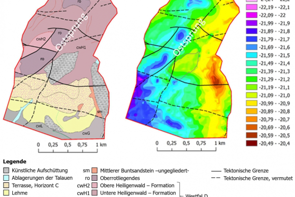 Karte der Bougueranomalie (rechts) und Geologie (links) für das Testgebiet Burbach.