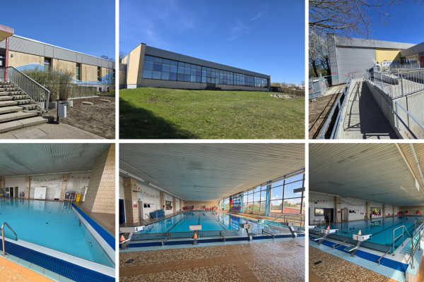 Außen- und Innenansichten der Schwimmhalle Olvenstedt, Magdeburg
