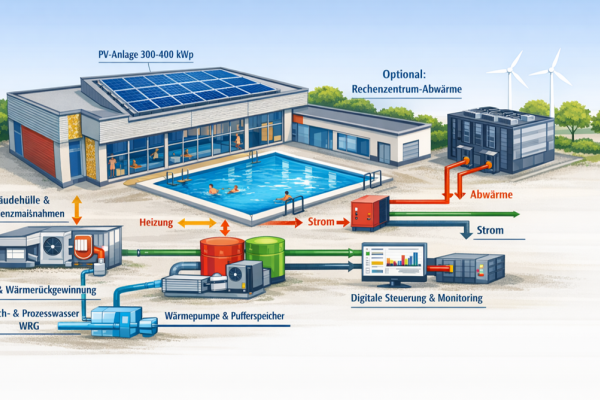 Schematische Darstellung des integrierten Energie- und Wasserkonzepts einer Schwimmhalle mit Photovoltaik, Wärmepumpe, Wärmerückgewinnung, Speichertechnik und digitalem Energiemanagement.